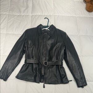 Elegant Black Leather Belted Jacket